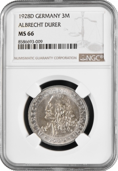 Веймарська Республіка 3 рейхсмарки 1928 р. D, NGC MS66, "400 років від дня смерті Альбрехта Дюрера"