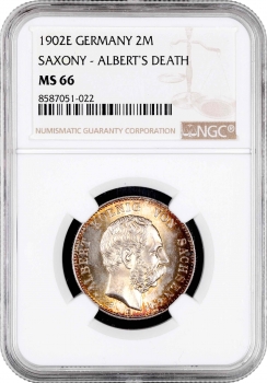 Саксонія 2 марки 1902 р. E, NGC MS66, "Смерть Альберта Саксонського"