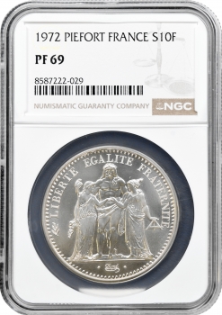 Франція 10 франків 1972 р., NGC PF69 PIEFORT, "П'ята Республіка (1959 - 2002)" Top Pop