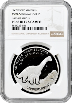 Західна Сахара 500 песет 1994 р., NGC PF68 UC, "Доісторичні тварини - Камаразавр" Top Pop