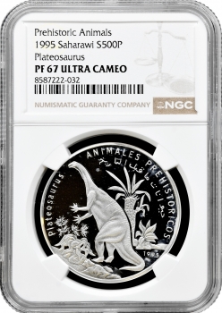 Західна Сахара 500 песет 1995 р., NGC PF67 UC, "Доісторичні тварини - Платеозавр" Top Pop