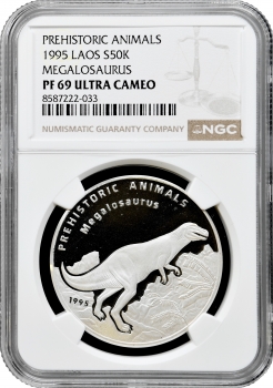 Лаос 50 кіп 1995 р., NGC PF69 UC, "Доісторичні тварини - Мегалозавр" Top Pop