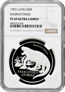 Лаос 50 кіп 1993 р., NGC PF69 UC, "Доісторичні тварини - Завроктон" Top Pop