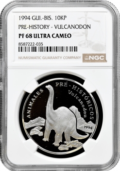 Гвінея-Бісау 10.000 песо 1994 р., NGC PF68 UC, "Доісторичні тварини - Вулканодон" Top Pop 1/0