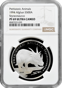 Афганістан 500 афгані 1994 р., NGC PF69 UC, "Доісторичні тварини - Стиракозавр" Top Pop