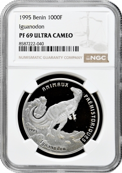 Бенін 1000 франків 1995 р., NGC PR69 UC, "Доісторичні тварини - Ігуанодон" Top Pop 1/0