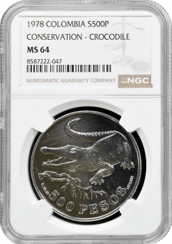 Колумбія 500 песо 1978 р., NGC MS64, "Острорилий крокодил"