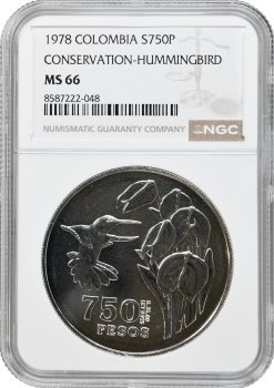 Колумбія 750 песо 1978 р., NGC MS66, "Збереження довкілля - Колібрі"