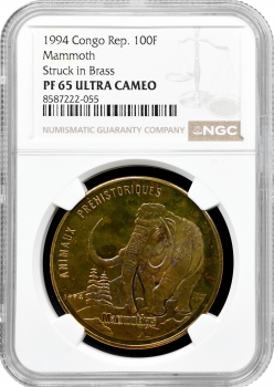 Республіка Конго 100 франків 1994 р., NGC PF65 UC, "Доісторичні тварини - Мамонт"
