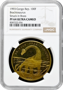 Республіка Конго 100 франків 1993, NGC PF64 UC, "Доісторичні тварини - Брахіозавр"
