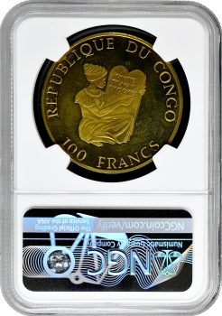 Республіка Конго 100 франків 1993, NGC PF64 UC, "Доісторичні тварини - Брахіозавр"