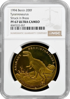 Бенін 200 франків 1994 р., NGC PR67 UC, "Доісторичні тварини - Тиранозавр" Pop 1/1