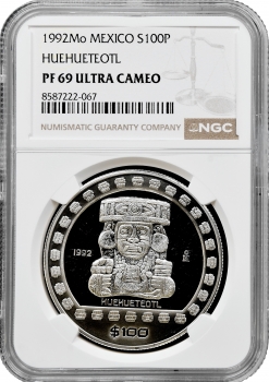Мексика 100 песо 1992 р. Mo, NGC PF69 UC, "Ацтекі - Уеуетеотль /Huehueteotl/"