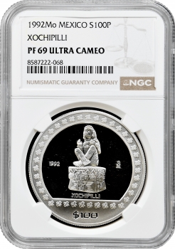 Мексика 100 песо 1992 р. Mo, NGC PF69 UC, "Ацтеки - Xochipilli"