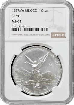 Мексика 1 онза 1997 р. Mo, NGC MS64, "Срібна інвестиційна монета "Свобода"