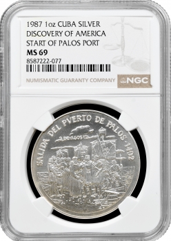 Куба срібна медаль 1987 р., NGC MS69, "Відправлення з порту Палос" Top Pop