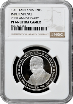 Танзанія 20 шилінгів 1981 р., NGC PF66 UC, "Незалежність - Джуліус Ньєрере"