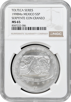 Мексика 5 песо 1998 р. Mo, NGC MS65, "Тольтеки - Serpiente con Craneo"