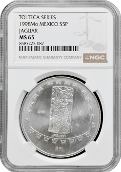 Мексика 5 песо 1998 р. Mo, NGC MS65, "Тольтеки - Ягуар"