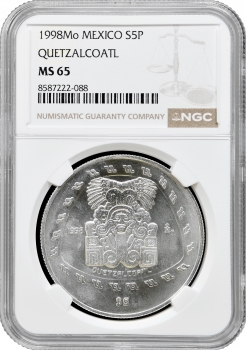 Мексика 5 песо 1998 р. Mo, NGC MS65, "Кетцалькоатль"