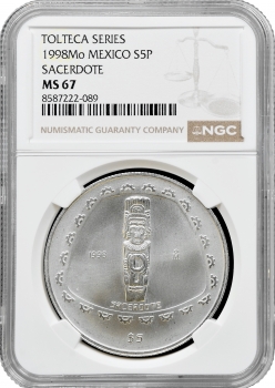 Мексика 5 песо 1998 р. Mo, NGC MS67, "Тольтеки - Sacerdote"