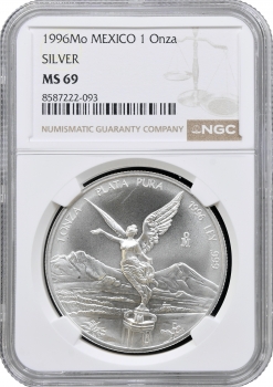Мексика 1 онза 1996 р. Mo, NGC MS69, "Срібна інвестиційна монета "Свобода"