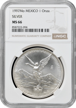 Мексика 1 онза 1997 р. Mo, NGC MS66, "Срібна інвестиційна монета "Свобода"