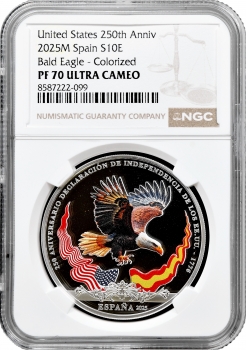 Іспанія 10 євро 2025 р. M, NGC PF70 UC, "250-річчя США - Білоголовий орлан, кольорова"