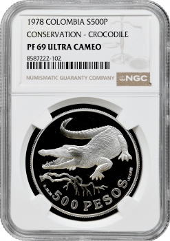 Колумбія 500 песо 1978 р., NGC PF69 UC, "Острорилий крокодил" Top Pop