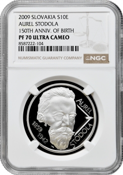 Словаччина 10 євро 2009 р., NGC PF70 UC, "150 років від дня народження Ауреля Болеслава Стодоли" Top Pop