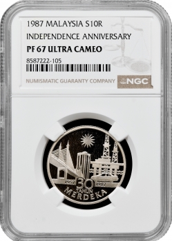 Малайзія 10 рінггіт 1987 р., NGC PF67 UC, "30 років Незалежності"