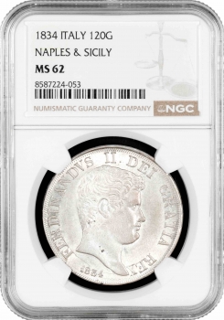 Неаполь та Сицилія 120 грано 1834 р., NGC MS62, "Король Фердинанд ІІ (1830 - 1859)"