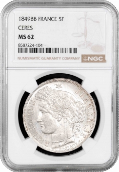 Франція 5 франків 1849 BB, NGC MS62, "Друга Республіка (1848 - 1851)"