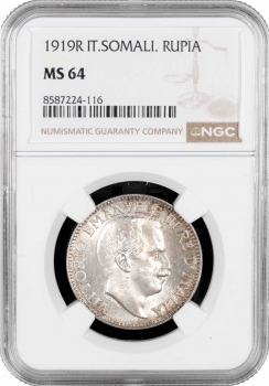 Італійське Сомалі 1 рупія 1919 р. R, NGC MS64, "Король Віктор Еммануїл III (1900 - 1946)"