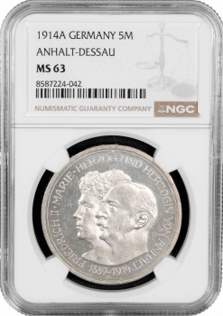 Ангальт-Дессау 5 марок 1914 р. A, NGC MS63, "25 років весіллі Фрідріха II та Марії Баденської"