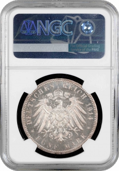 Ангальт-Дессау 5 марок 1914 р. A, NGC MS63, "25 років весіллі Фрідріха II та Марії Баденської"