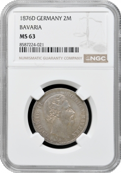 Баварія 2 марки 1876 р. D, NGC MS63, "Король Людвіг II (1864 - 1886)"