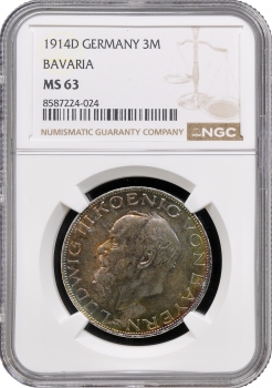 Баварія 3 марки 1914 р. D, NGC MS63, "Король Людвіг ІІІ (1913 - 1918)"