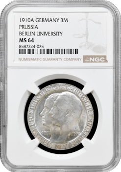Пруссія 3 марки 1910 р. A, NGC MS64, "Берлінський університет"