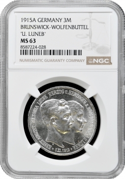 Брауншвейг-Вольфенбюттель 3 марки 1915, NGC MS63, "Весілля і вступ на престол Ернста Августа"