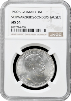 Шварцбург-Зондерсгаузен 3 марки 1909 A, NGC MS64, "Смерть Карла Гюнтера"