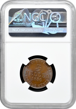 Гессен-Кассель 3 гелера 1850, NGC MS65 BN, "Фрідріх Вільгельм I (1847 - 1866)" Top Pop 1/0