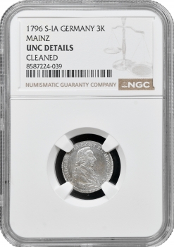 Майнц 3 крейцера 1796 г. S IA, NGC UNC Det., "Принц-архиепископ Фредерик Чарльз Джозеф (1774 - 1802)"
