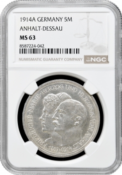 Ангальт-Дессау 5 марок 1914 р. A, NGC MS63, "25 років весіллі Фрідріха II та Марії Баденської"