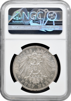 Ангальт-Дессау 5 марок 1914 р. A, NGC MS63, "25 років весіллі Фрідріха II та Марії Баденської"