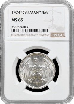 Німеччина 3 марки 1924 F, NGC MS65, "Веймарська Республіка (Марка) (1919 - 1925)"