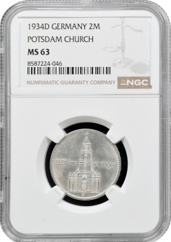 Німеччина - Третій рейх 2 рейхсмарки 1934 р. D, NGC MS63, "Гарнізонна церква в Потсдамі"