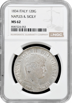 Неаполь та Сицилія 120 грано 1834 р., NGC MS62, "Король Фердинанд ІІ (1830 - 1859)"