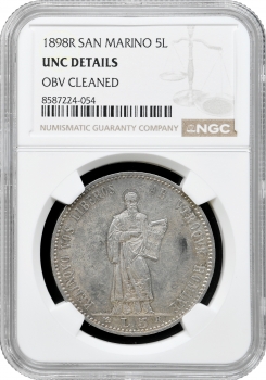 Сан-Марино 5 лір 1898 R, NGC UNC Det., "Республіка Сан-Марино (1864 - 1938)"