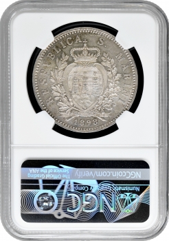 Сан-Марино 5 лір 1898 R, NGC UNC Det., "Республіка Сан-Марино (1864 - 1938)"